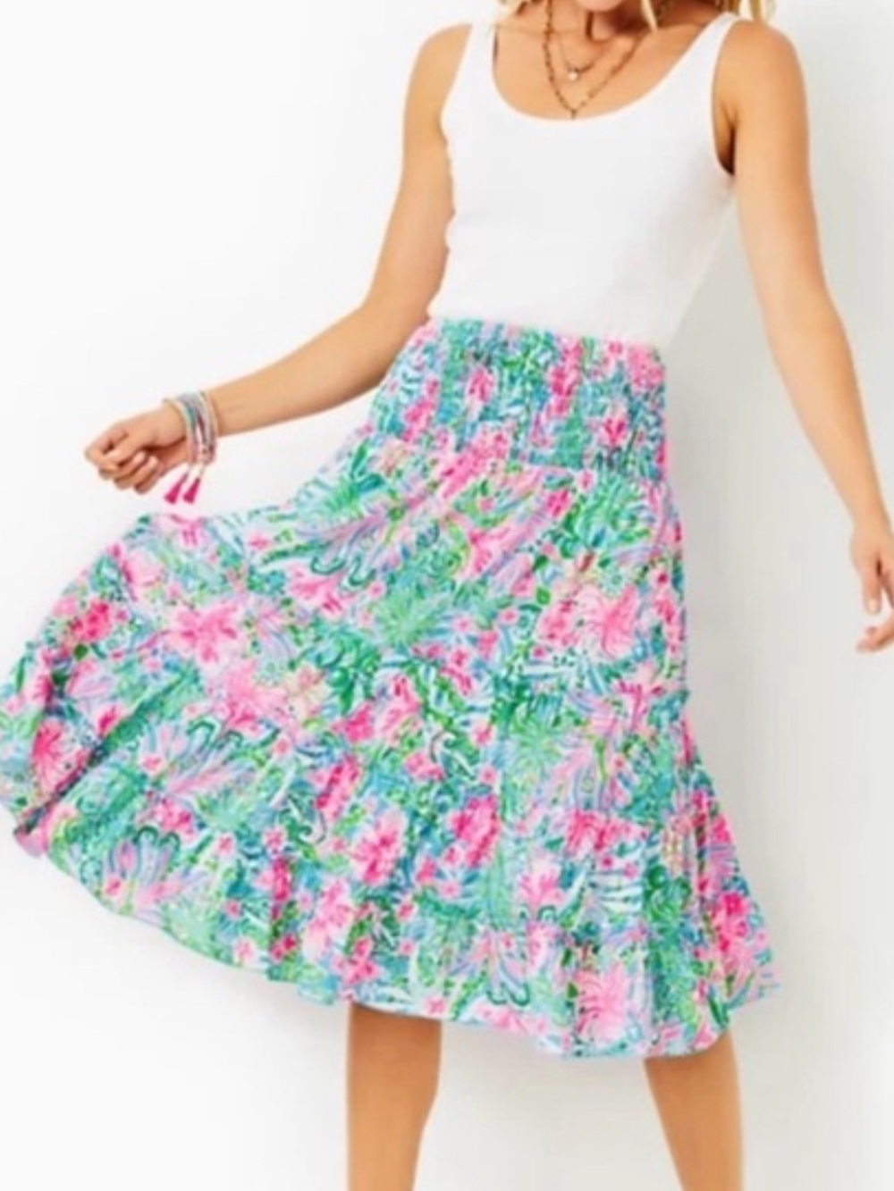 Lilly Pulitzer Deavan Midi Skirt Amalfi Blue Leaf It Wild Smocked Pink Blue